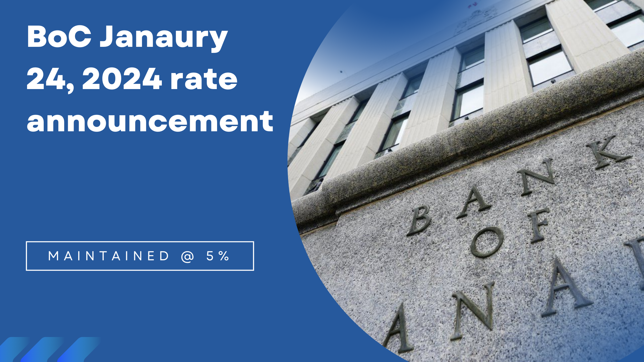 Bank of Canada maintained Interest rates at 5 percent during January 24 2024 meeting